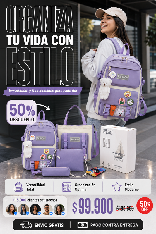 Combo 5 en 1: Mochila, Bolso y Accesorios para Diario y Viajes